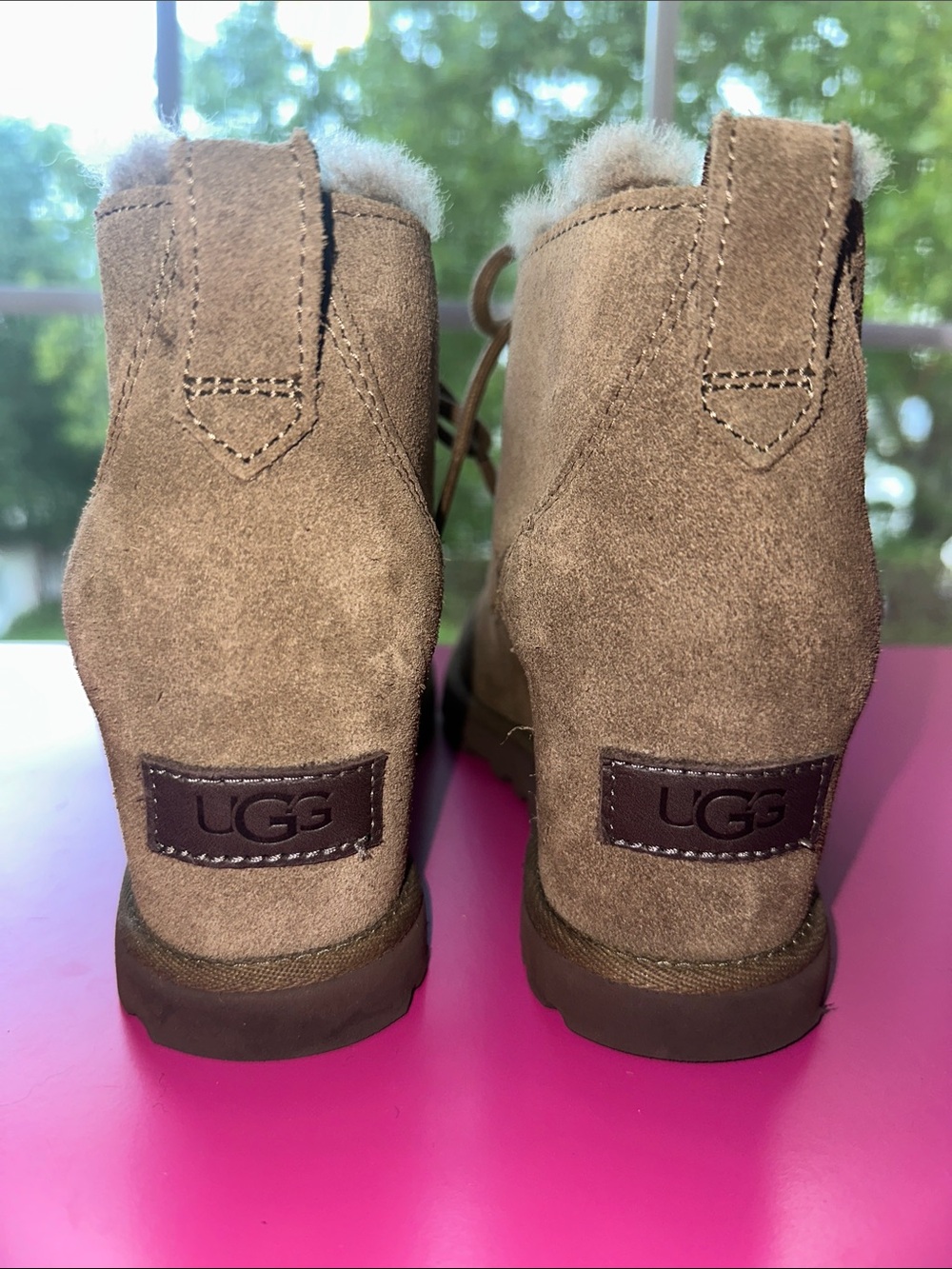 UGG Brown Suede Fur-Lined Lace-Up Wedge Heel Ankle Booties